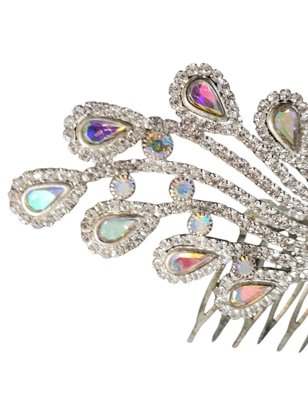 Silvertone Aurora Borealis & Clear Crystal Teardrop Hair Comb